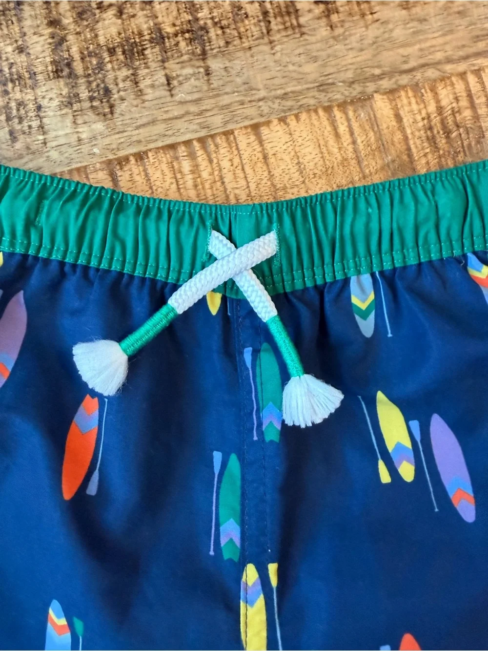 Mini Boden Kids Navy Surfboard Print Swim Shorts - Green Waistband
